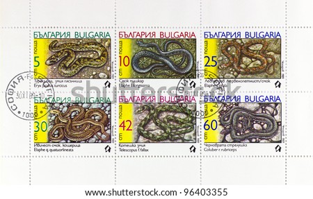 BULGARIA - CIRCA 1989: A stamp sheet printed in BULGARIA shows the image of a Cat Snake with the description \