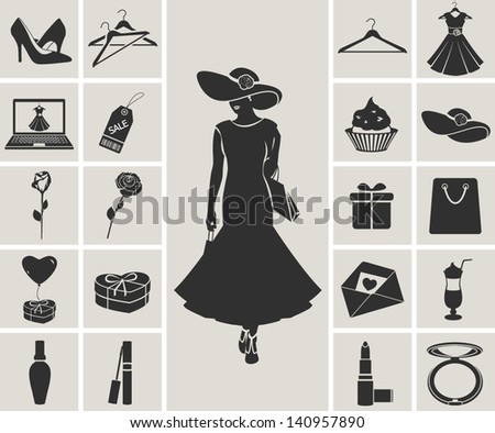 woman fashion and beauty vector black and white icons set. clothing, gifts, make up, shopping
