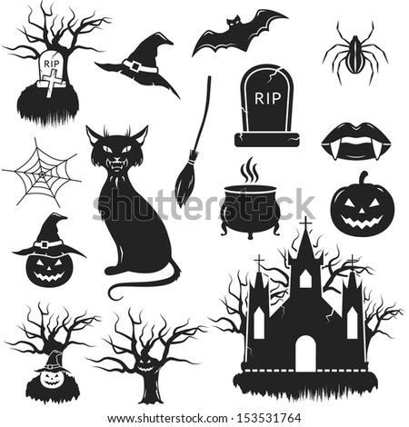 Halloween black and white icons set. vector illustration