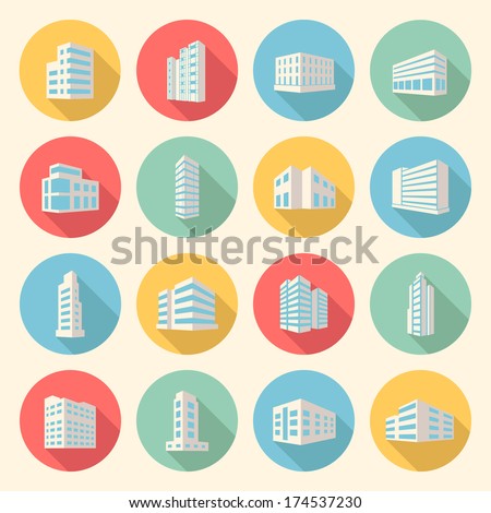 colorful business buildings flat design icons set. template elements for web and mobile applications