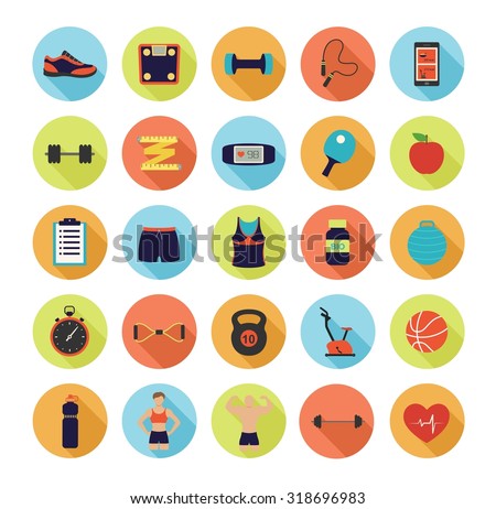 Fitness and sport tools and elements vector flat design icons set