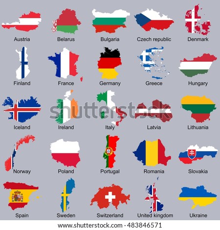 European flags in map shape | Vector flags in countries icon set isolated