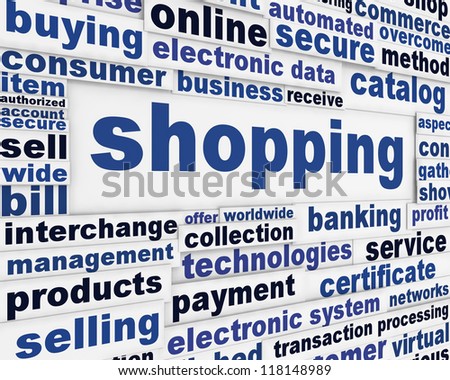 Shopping word clouds message background. Consumerism poster design