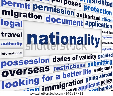 Nationality creative words conceptual background. Official document creative poster