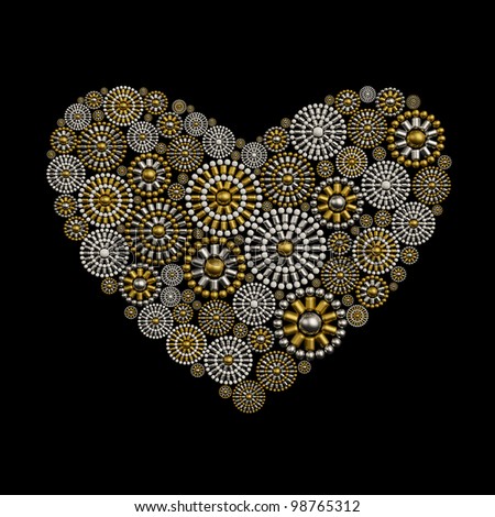 Jewelry heart shape ornament design made from metallic seed beads isolated on black background. Luxury love design