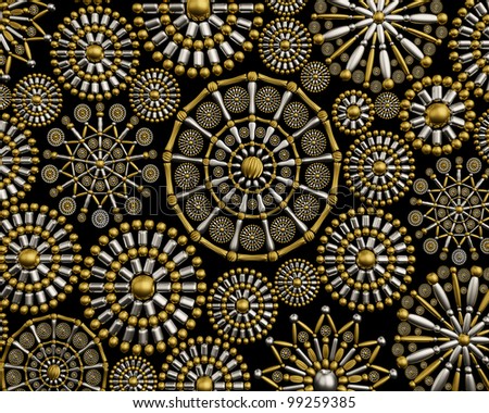 Creative jewelry ornament background pattern design made from metallic seed beads isolated on black background. Luxury vintage wallpaper
