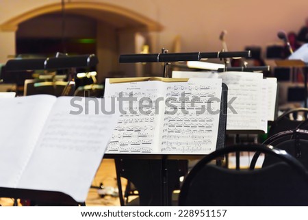 MOSCOW, RUSSIA - NOVEMBER 15: Musical instruments and sheet music at Chaikovsky Hall on November 15, 2011 in Moscow, Russia.