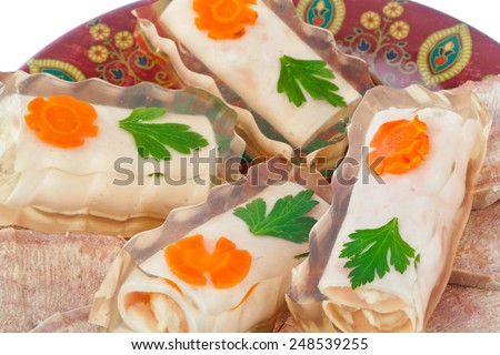 Jellied meat and ham isolated - food background