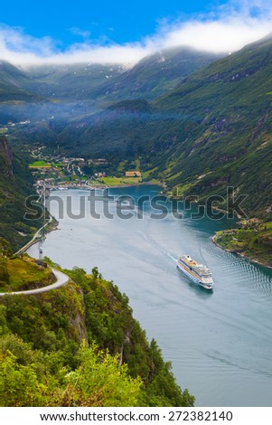 Ship in Geiranger fjord Norway - nature and travel background