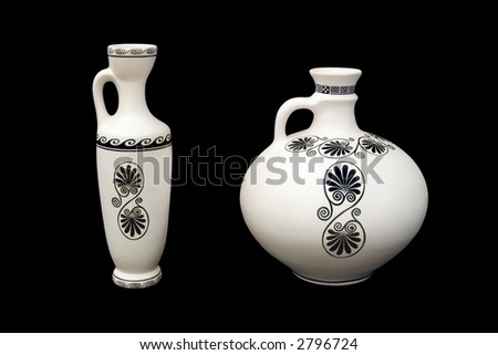 Two greek vases with pattern, isolated on black
