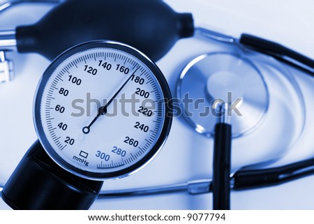 Scale of pressure and stethoscope, medical background