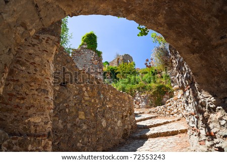 Ruins of old town in Mystras, Greece - archaeology background