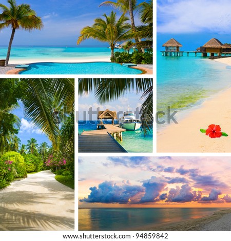 Collage of summer beach maldives images - nature and travel background