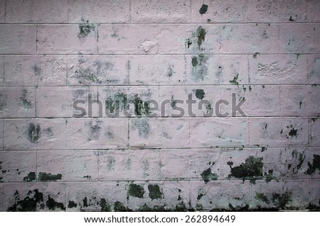 dirty worn white gray wall with remains of pink paint and repair