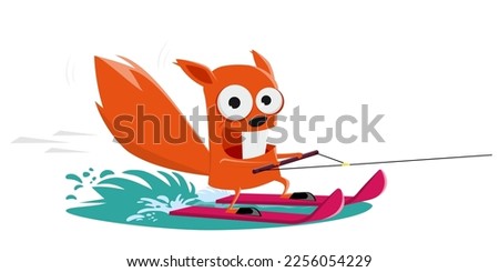 funny illustration of a water-skiing cartoon squirrel