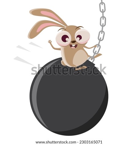 funny cartoon rabbit swinging on a wrecking ball