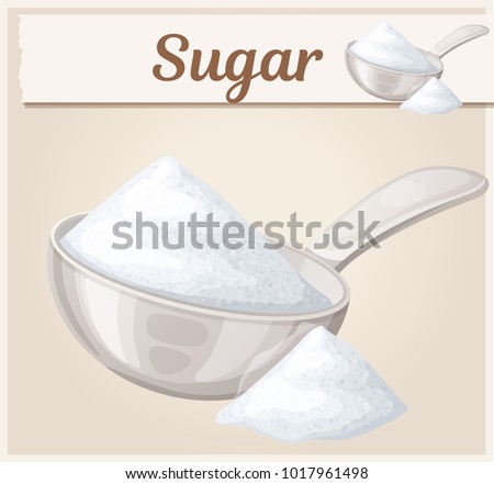 White sugar in metallic spoon. Cartoon vector icon. Series of food and ingredients for cooking