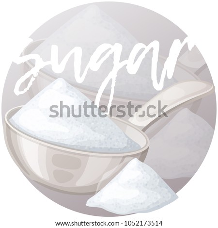 White sugar in metallic spoon. Cartoon vector icon on gradient background