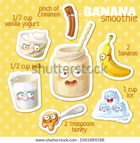 Smoothie recipe illustration with funny characters. Milkshake ingredients cartoon vector icons