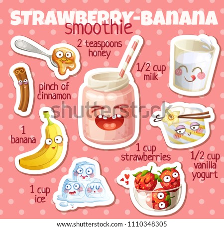 Strawberry Banana smoothie recipe illustration with funny characters. Milkshake ingredients cartoon vector icons