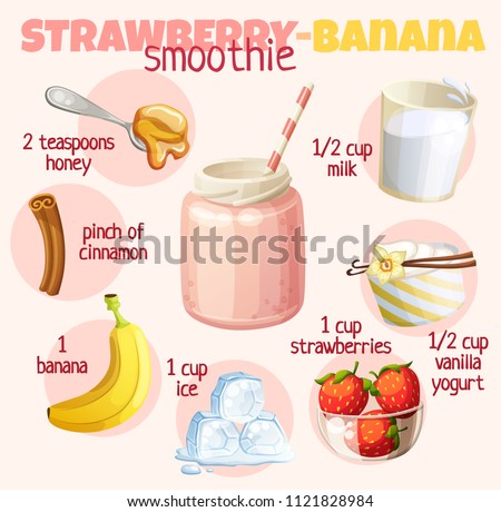 Smoothie recipe illustration with banana, strawberries, milk, honey, vanilla yogurt, cinnamon. Milkshake ingredients cartoon vector icons