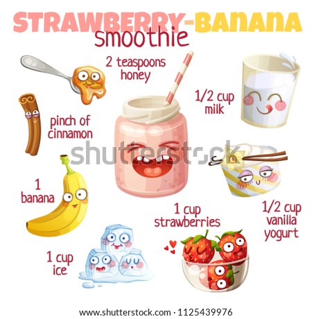 Strawberry Banana smoothie illustration with cute characters. Milkshake ingredients cartoon vector icons isolated on white background