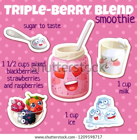 Triple berry smoothie recipe illustration with funny characters. Milkshake ingredients cartoon vector icons