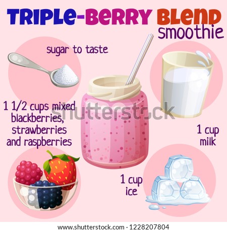 Triple berry smoothie recipe illustration with raspberry, strawberry, milk, blackberry, ice cubes, sugar. Milkshake ingredients cartoon vector icons