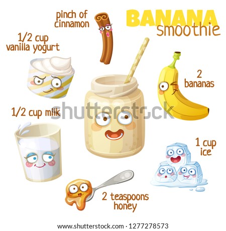 Smoothie recipe illustration with funny characters. Milkshake ingredients cartoon vector icons isolated on white background