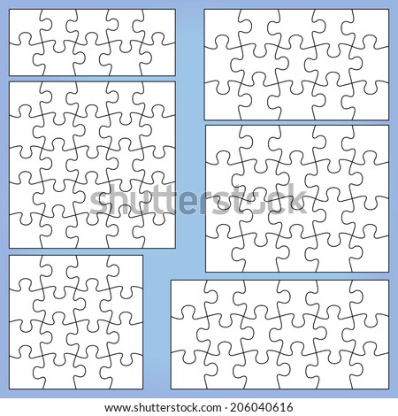 Puzzle set: 10, 15, 16, 18, 20, 25 pieces. Outline vector jigsaw.