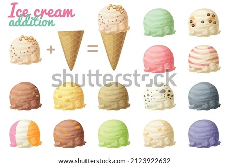 Ice cream vector illustration, icecream scoops and cone cartoon icons, vanilla chocolate mint nut chips flavors soft ice cream balls