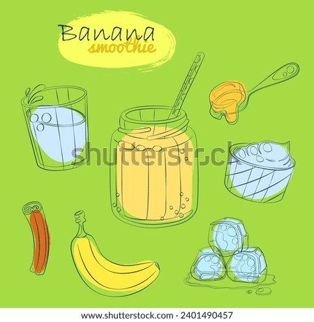 Smoothie recipe illustration with banana, milk, honey, yogurt, cinnamon. Milkshake ingredients cartoon vector icons Hand drawn linear illustration on green background