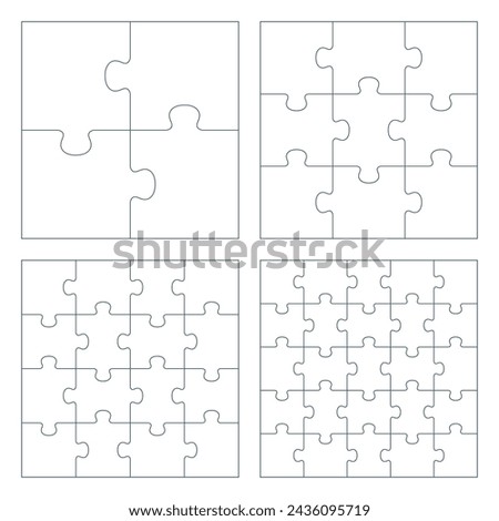 Puzzle pieces 2 x 2 , 3 x 3 , 4 x 4 and 5 x 5 vector pattern. Jigsaw square template of 4, 9, 16 and 25 pieces isolated on white background. Outline shapes of puzzle game picture