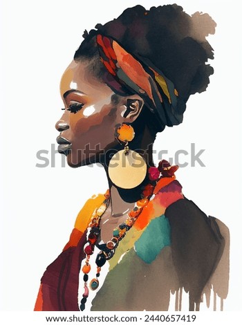 Black woman watercolor vector illustration, wearing big golden earrings, headscarf, red elements, female portrait