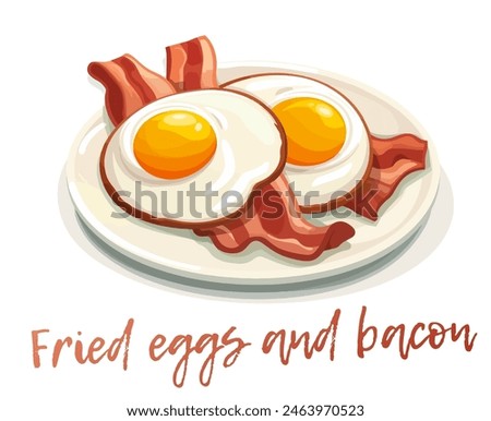 Classic American breakfast of fried eggs and crispy bacon vector icon isolated on white background. Two sunny side up fried eggs and slices of crispy bacon illustration