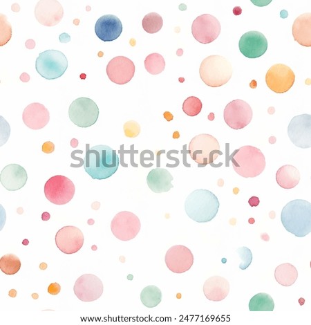 Seamless watercolor polka dot pattern. Playful and versatile vector pattern of scattering of hand-painted watercolor polka dots in a variety of soft colors, including blush pink, lavender, mint green