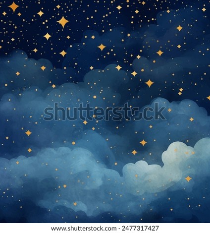 Watercolor Night Sky Vector Illustration. Vast night sky overflowing with stars. The background is a deep, inky blue with washes of purple and black. The stars are in a variety of sizes and shapes