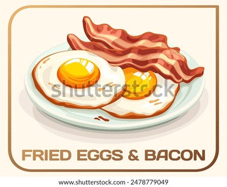 Isolated vector illustration of fried eggs and bacon. Cartoon icon of a classic breakfast plate of fried eggs and bacon. The two sunny side up eggs have golden yolks and crisp white whites