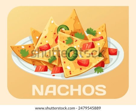 Mouthwatering Nacho Vector Illustration. Delicious vector illustration of nachos isolated on beige background image features a heaping pile of golden tortilla chips, diced tomatoes, and fresh cilantro