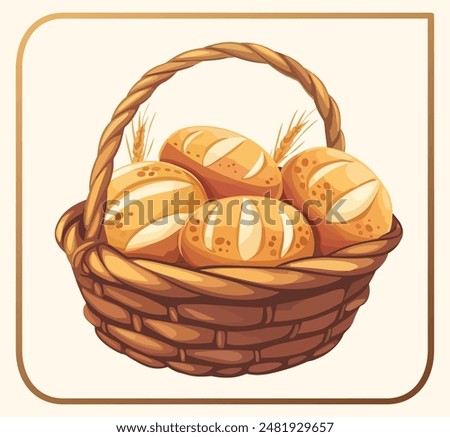 Freshly baked bread in a wicker basket cartoon vector icon isolated on a beige background. The bread is a golden brown color and has a slightly textured crust. The basket is rustic and traditional