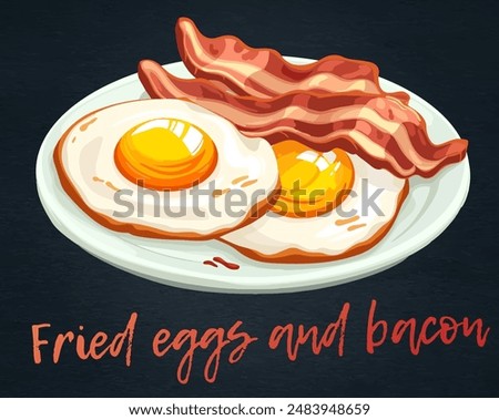 Classic American breakfast of fried eggs and crispy bacon vector icon isolated on black chalkboard. Two sunny side up fried eggs and slices of crispy bacon illustration