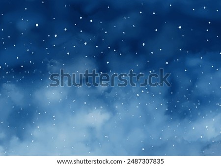 The sky is azure blue with fluffy white clouds and snow gently falling down watercolor vector illustration. The scene depicts a blue sky dotted with white clouds against which snow is falling gently