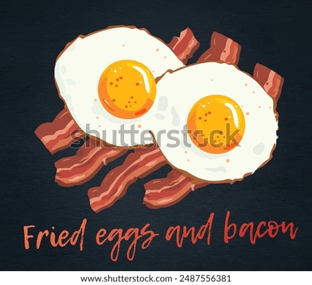 Satisfying morning meal with Fried Eggs and Crispy Bacon, perfect for a hearty breakfast or brunch vector icon on black chalkboard. Tasty breakfast cartoon image of two perfectly fried eggs with