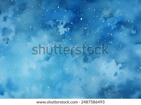 The sky is azure blue with fluffy white clouds and snow gently falling down watercolor vector illustration. The scene depicts a blue sky dotted with white clouds against which snow is falling gently