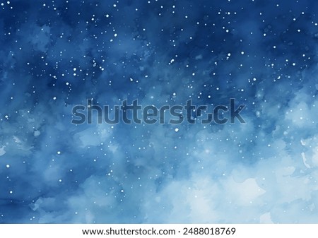 The sky is azure blue with fluffy white clouds and snow gently falling down watercolor vector illustration. The scene depicts a blue sky dotted with white clouds against which snow is falling gently