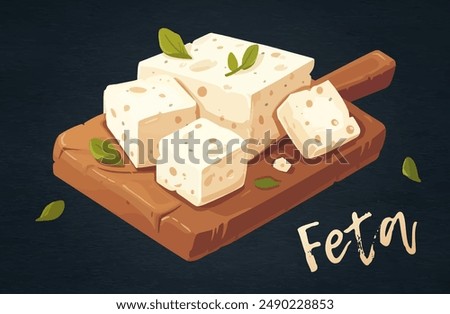 Vector icon of feta cheese on a wooden cutting board on black chalkboard. Delightful cartoon illustration of diced feta cheese atop a wooden cutting board. The cheese creamy white color