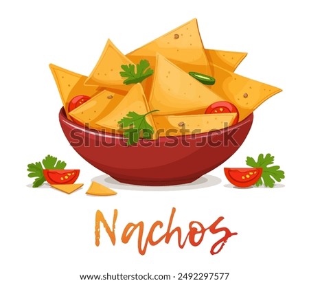 Mouthwatering Nacho Vector Illustration isolated on white background. Delicious vector illustration of nachos image features a heaping pile of golden tortilla chips, diced tomatoes, and fresh cilantro