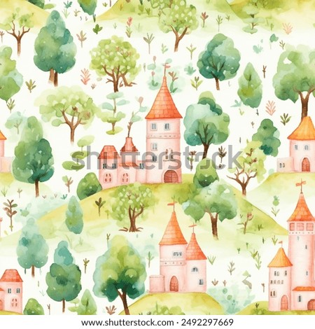 Soft watercolor seamless vector pattern with castles and trees. Enchanting pattern of whimsical castles nestled amidst soft, pastel-colored trees. Dreamy quality of the fairy tale design