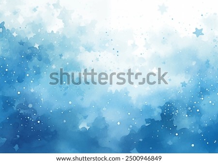 A blue and white watercolor background with stars and clouds vector illustration. Envision a calming setting with a serene blue and white watercolor background, embellished with stars and gentle cloud