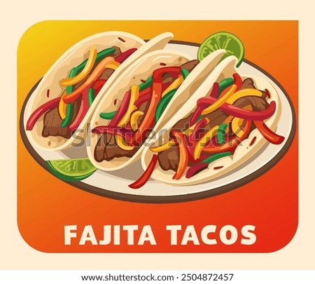 Three tempting soft shell fajita tacos resting on a round white plate vector icon. Each taco is filled with savory ground meat and fresh diced bell peppers cartoon illustration. A vibrant red salsa 